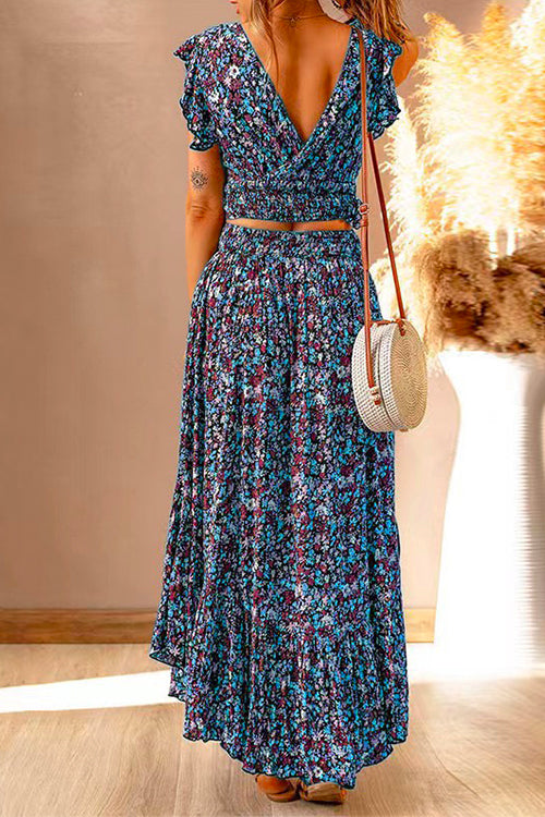 V Neck Ruffle Crop Top High Waist Maxi Skirt Floral Set