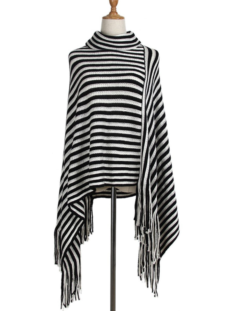 Striped Cape With Turtleneck Knitted Pullover