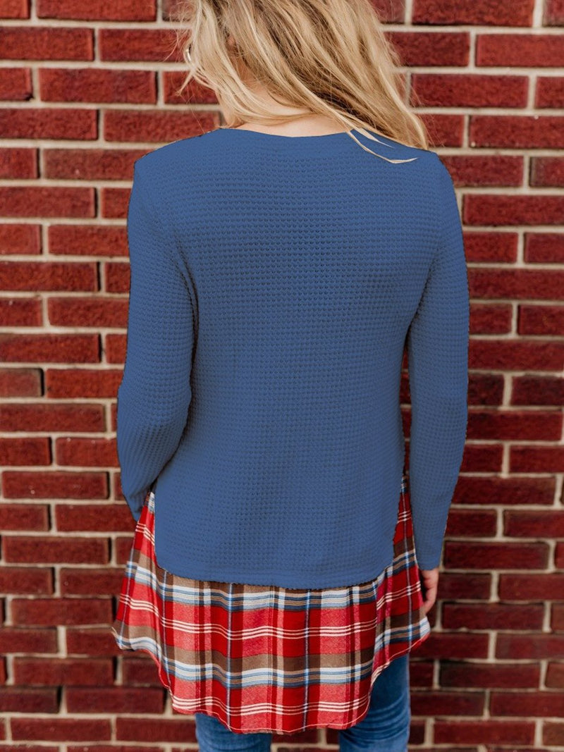 Long Sleeve Stitching Plaid Round Neck Pullover Top