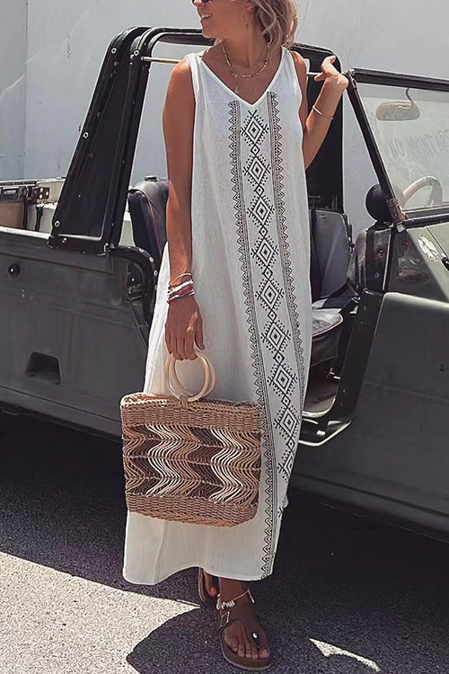 V Neck Sleeveless Printed Maxi Loose Dress