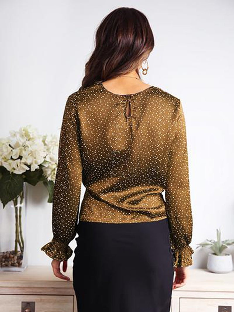 Flare Sleeve Crew Neck Self-tie Polka Dot Top - Landing Closet