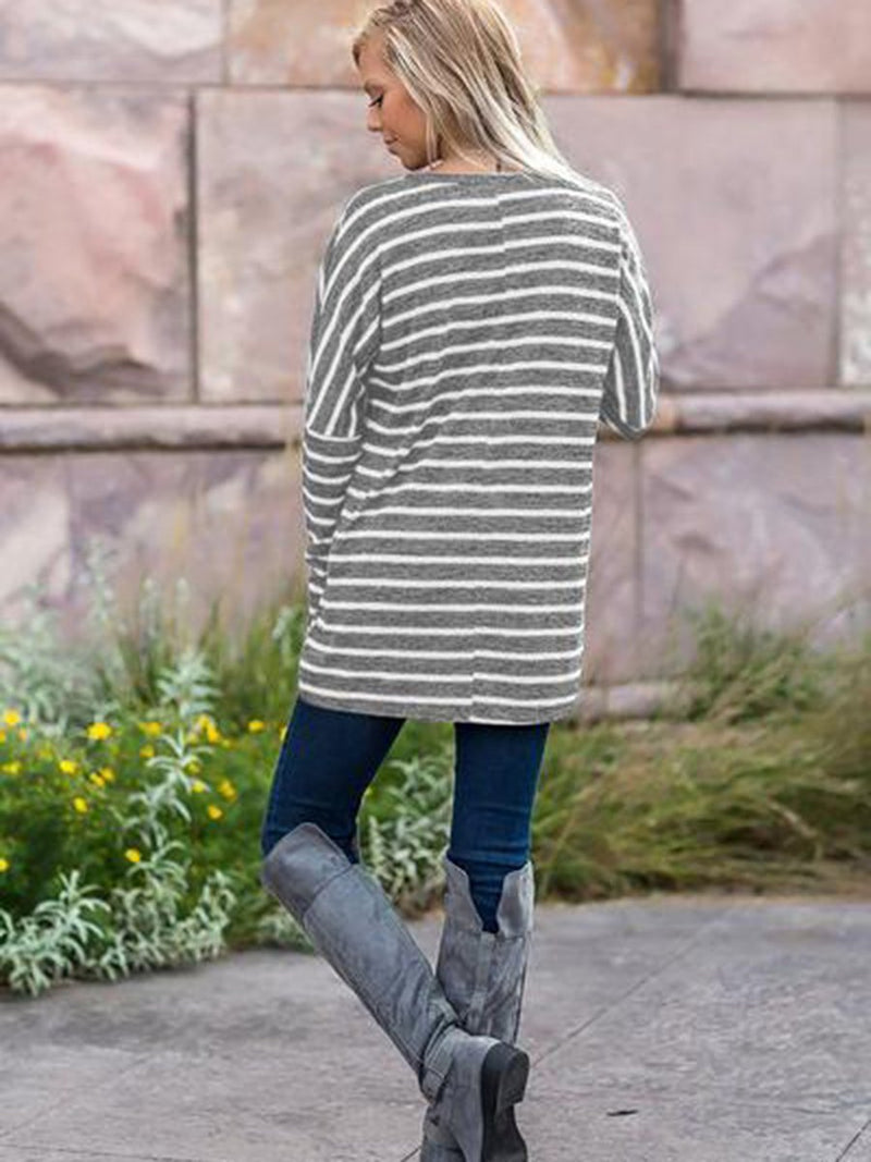 Long Sleeve Stripe Crew Neck Pocket T-shirt