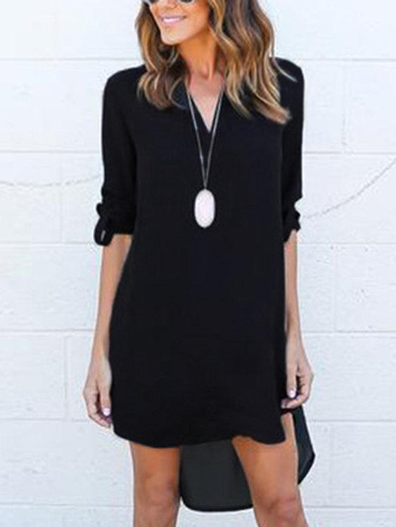 Black V-neck Long Sleeves Irregular hem Chiffon Dress - Landing Closet