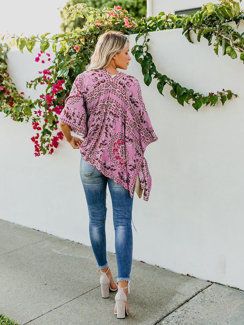 Floral Print Front Open Short Sleeve Cardigan - Landing Closet