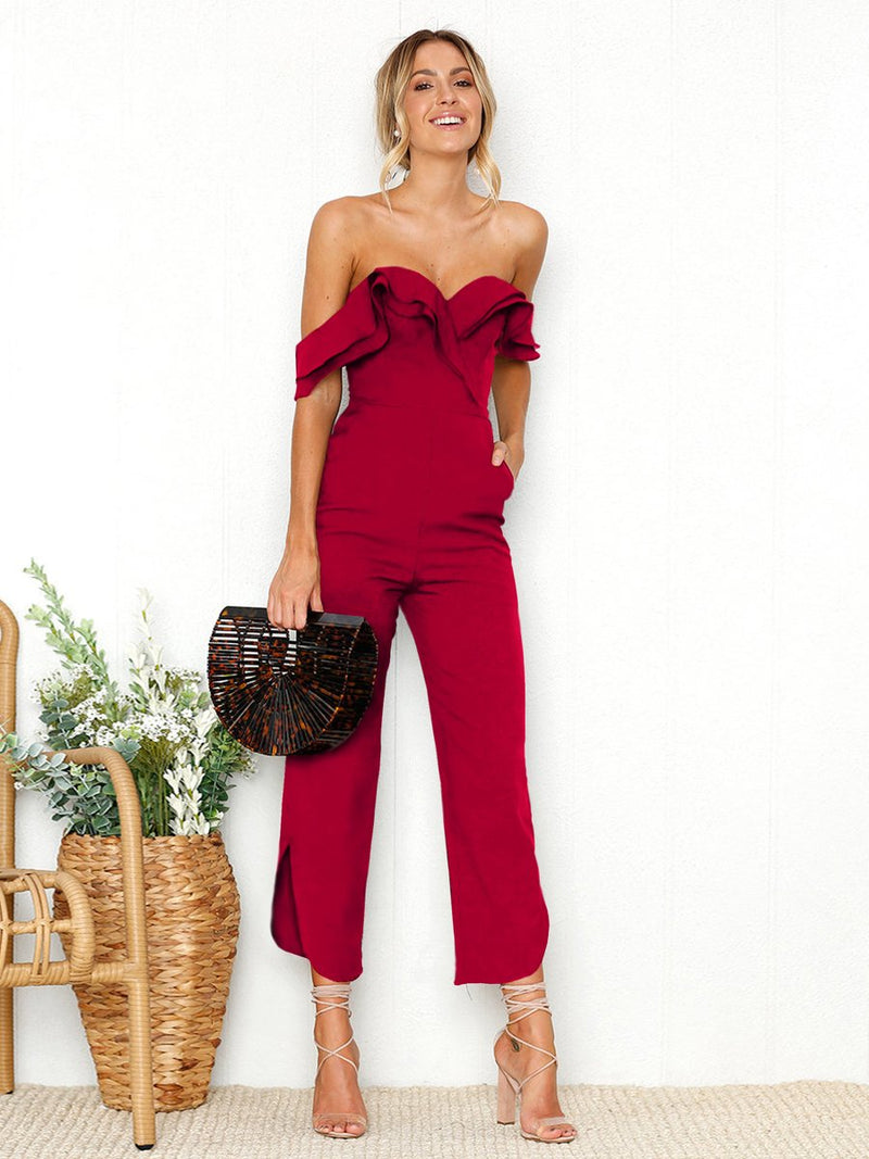 Black Sleeveless Plain Casual Off Shoulder Zip Back Jumpsuit - Landing Closet