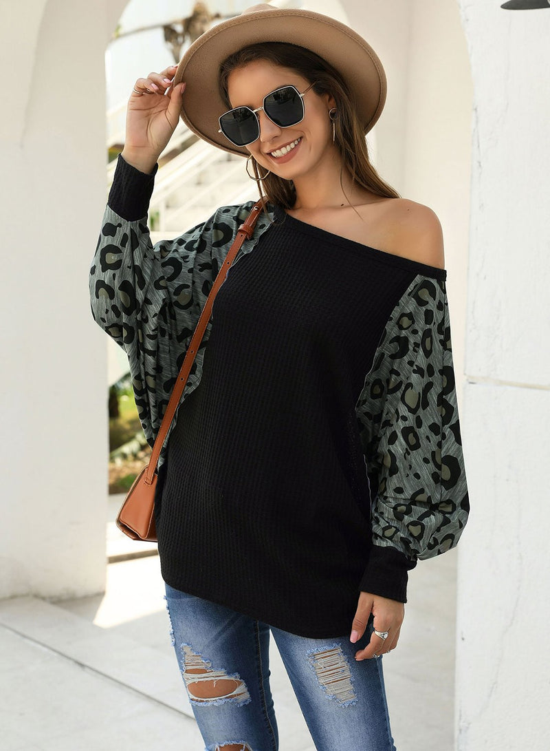 Camouflage Leopard Off Shoulder Batwing Sleeve Shirt