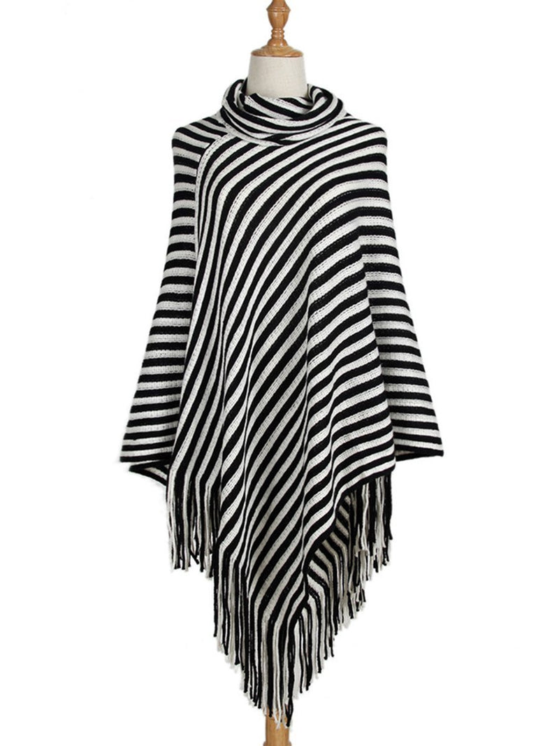 Striped Cape With Turtleneck Knitted Pullover