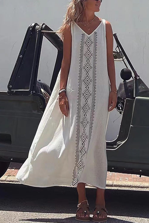 V Neck Sleeveless Printed Maxi Loose Dress