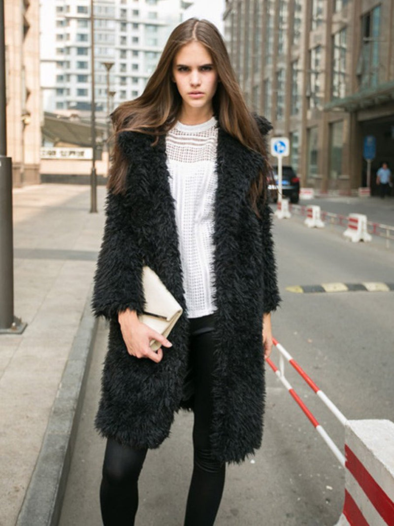 Long Sleeves Plush Lapel Collar Long Coat