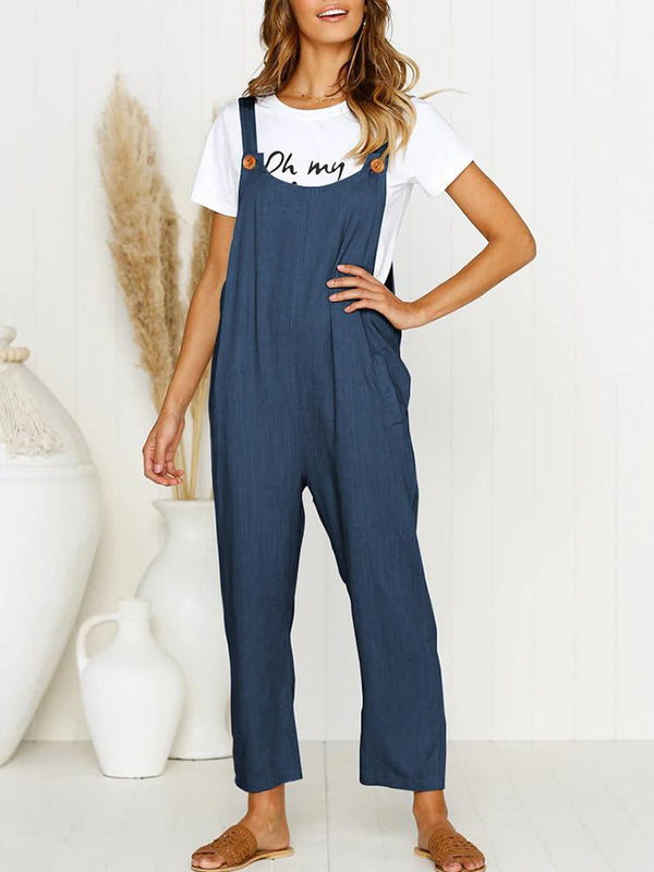 Pocket Solid Wide Leg Strappy Jumpsuit Overalls