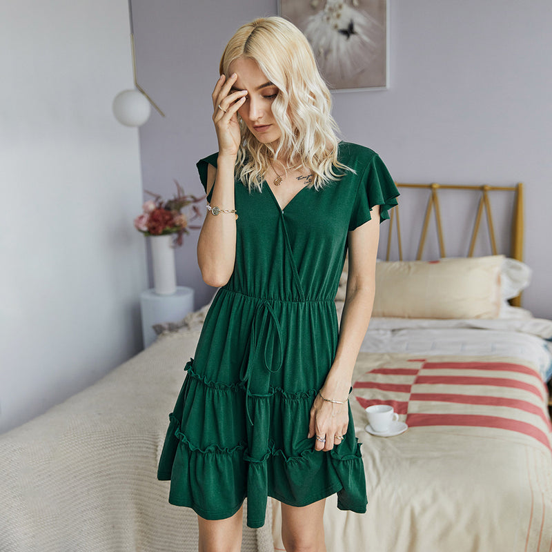 V-Neck Ruffle Short Sleeve Short Dress