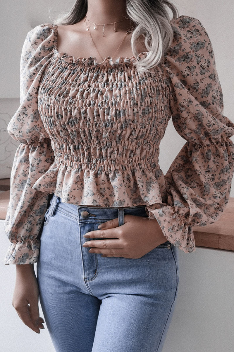 Casual Print Flounce Fold Square Collar Tops