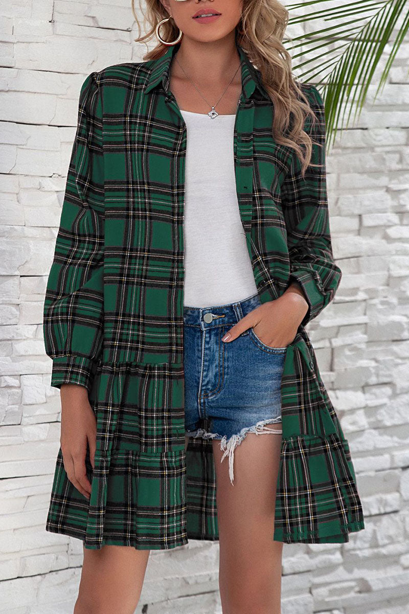 British Style Plaid Print Patchwork Turndown Collar Dresses(3 colors)