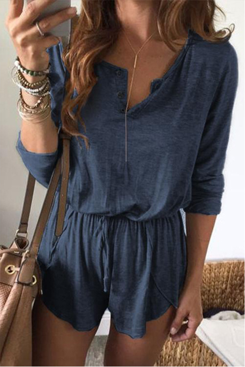 Daily Patchwork Solid Buttons Loose Jumpsuits(4 colors)