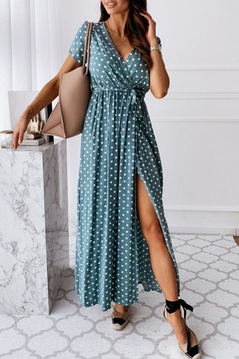 Fashion Sexy Dot Slit V Neck Printed Dresses(4 Colors)