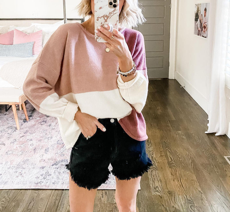 Color Block Tie Back Long Sleeve Patchwork Sweater Top