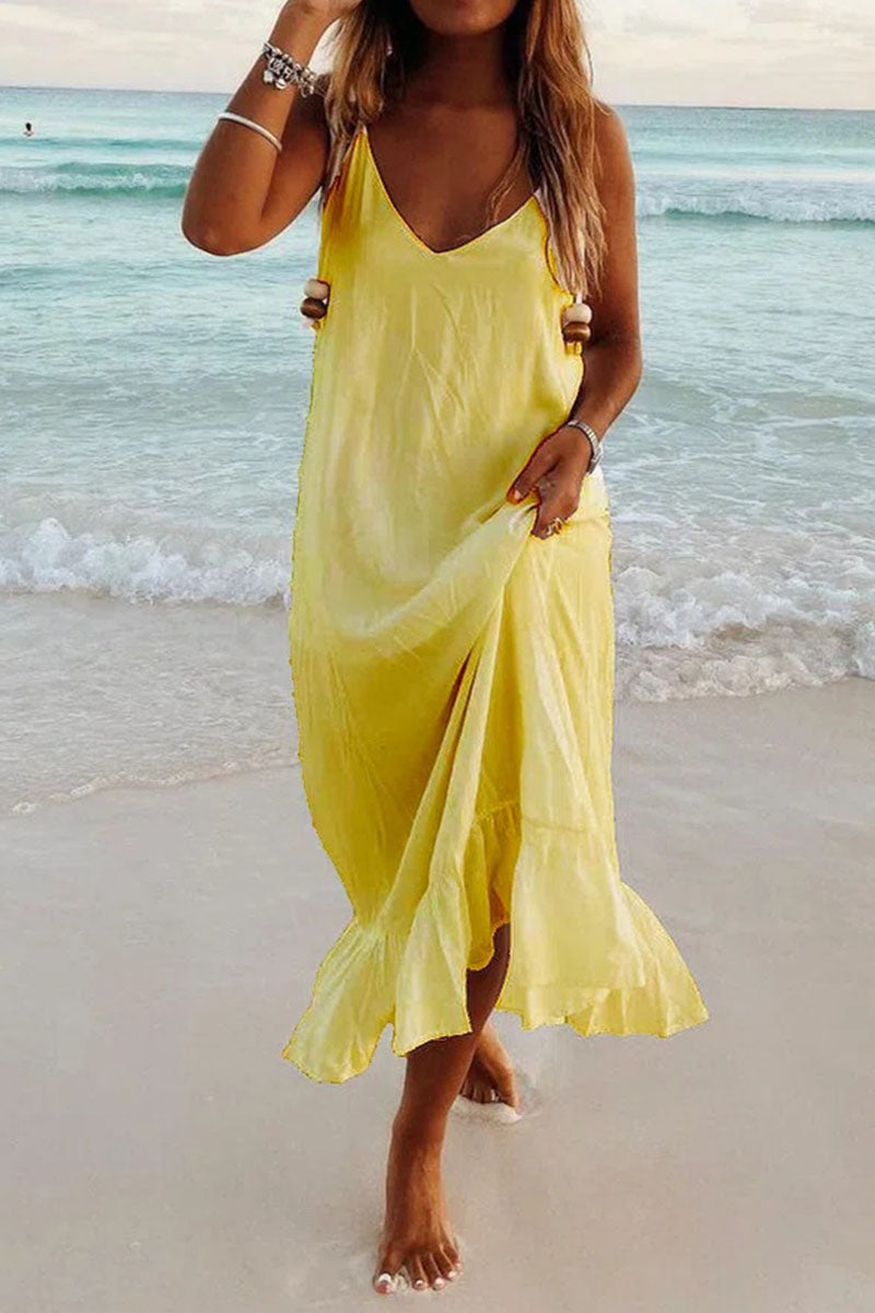 Fashion Simplicity Solid Patchwork V Neck Beach Dresses