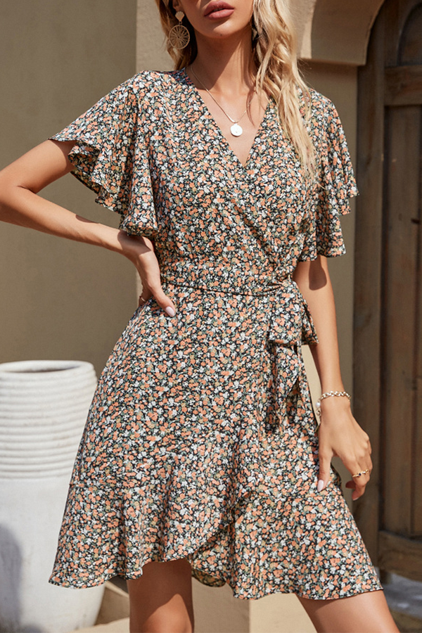 Fashion Elegant Floral Split Joint With Belt V Neck A Line Dresses