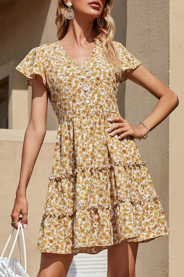 Fashion Elegant Floral Buckle Flounce V Neck A Line Dresses