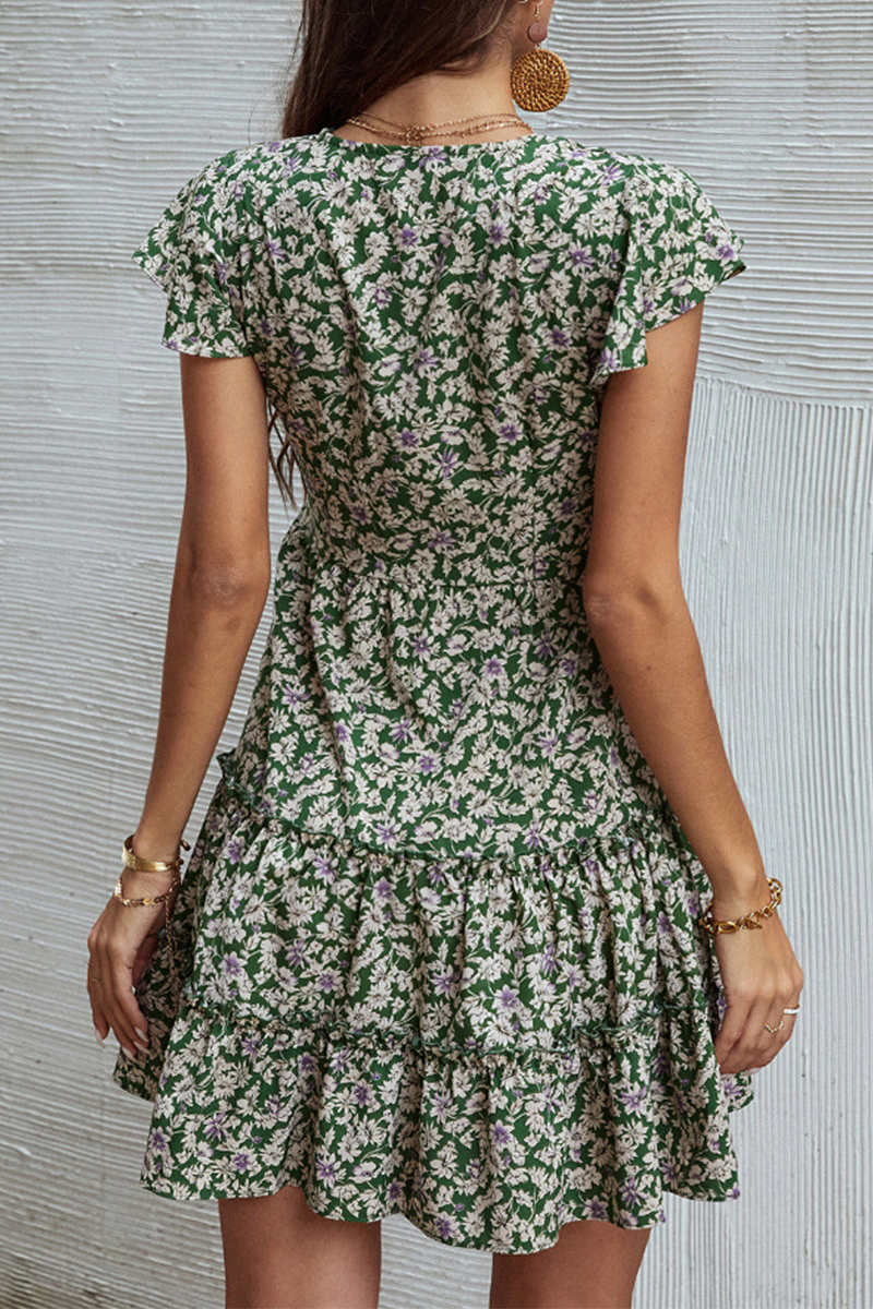 Fashion Elegant Floral Buckle Flounce V Neck A Line Dresses