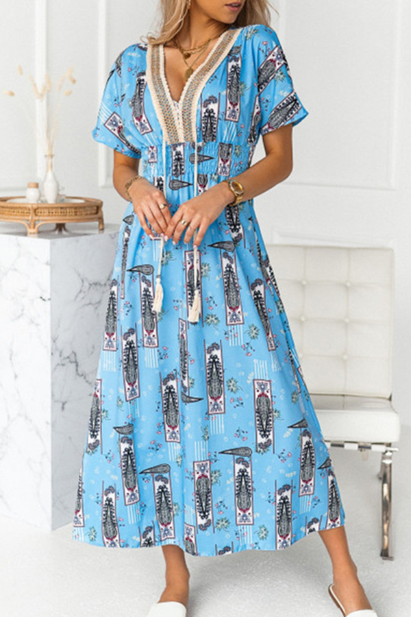 Fashion Elegant Print Tassel Split Joint V Neck A Line Dresses