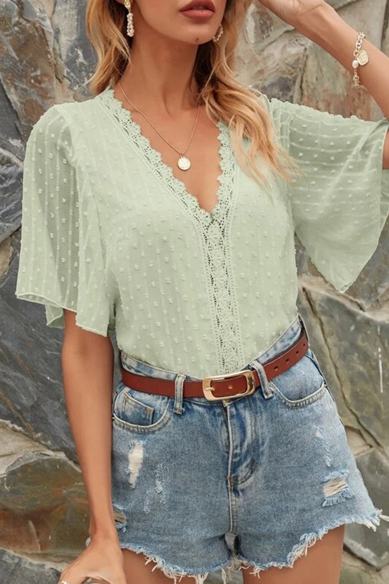 Fashion Elegant Solid Lace Split Joint V Neck Tops