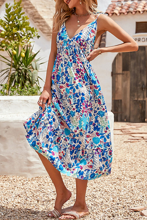 Fashion Elegant Print Split Joint V Neck A Line Dresses