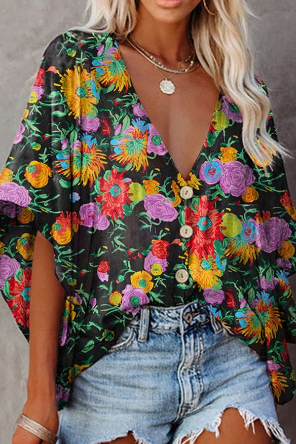 Fashion Elegant Floral Buckle V Neck Tops