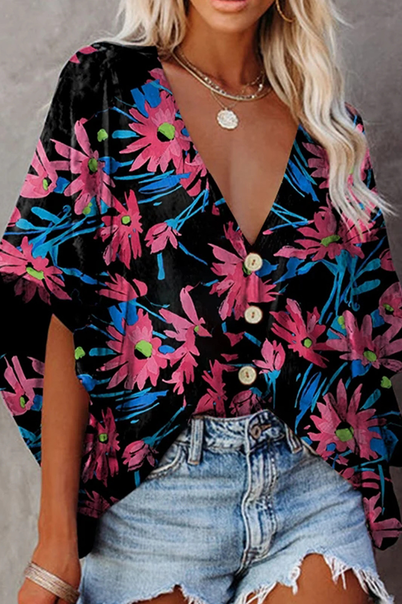 Fashion Elegant Floral Buckle V Neck Tops