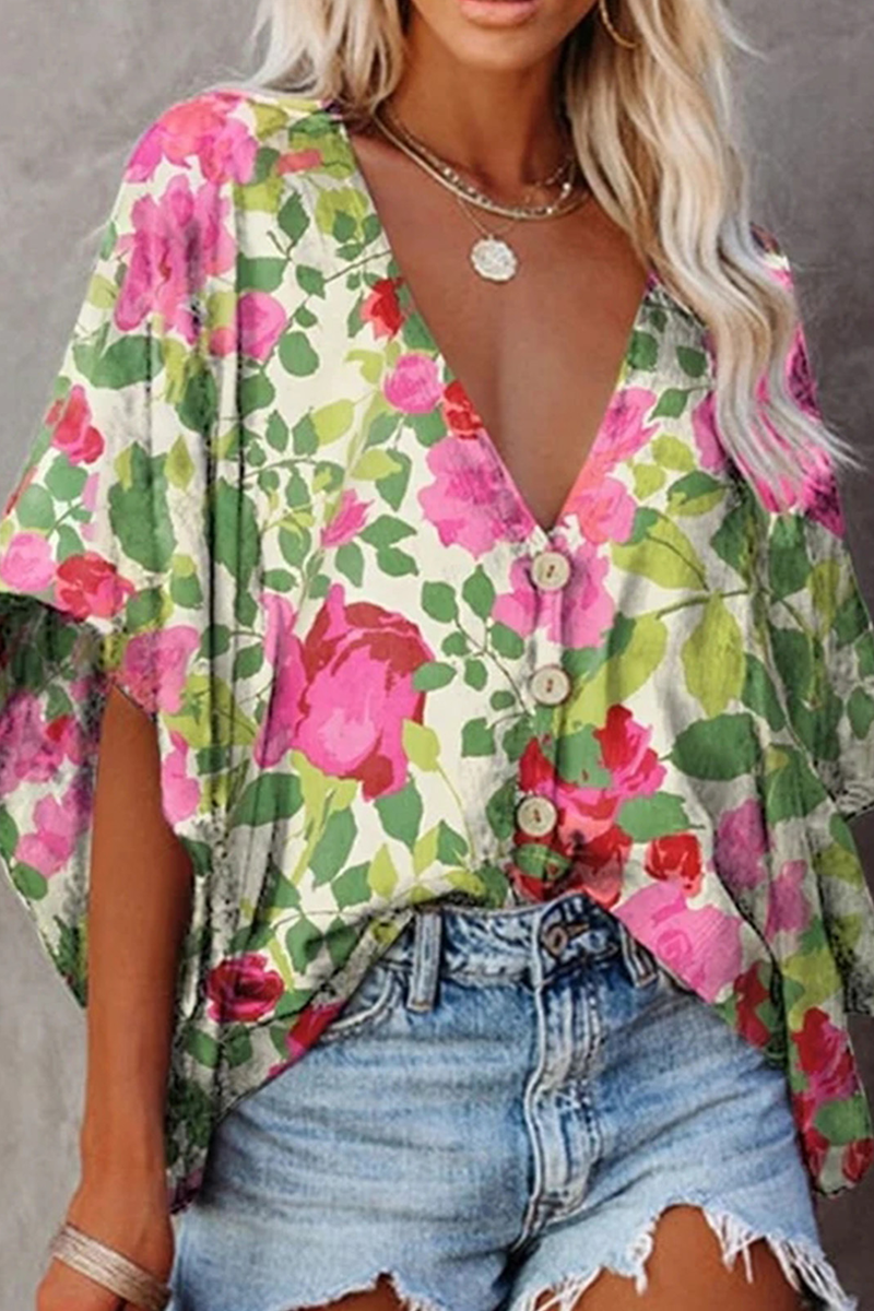 Fashion Elegant Floral Buckle V Neck Tops