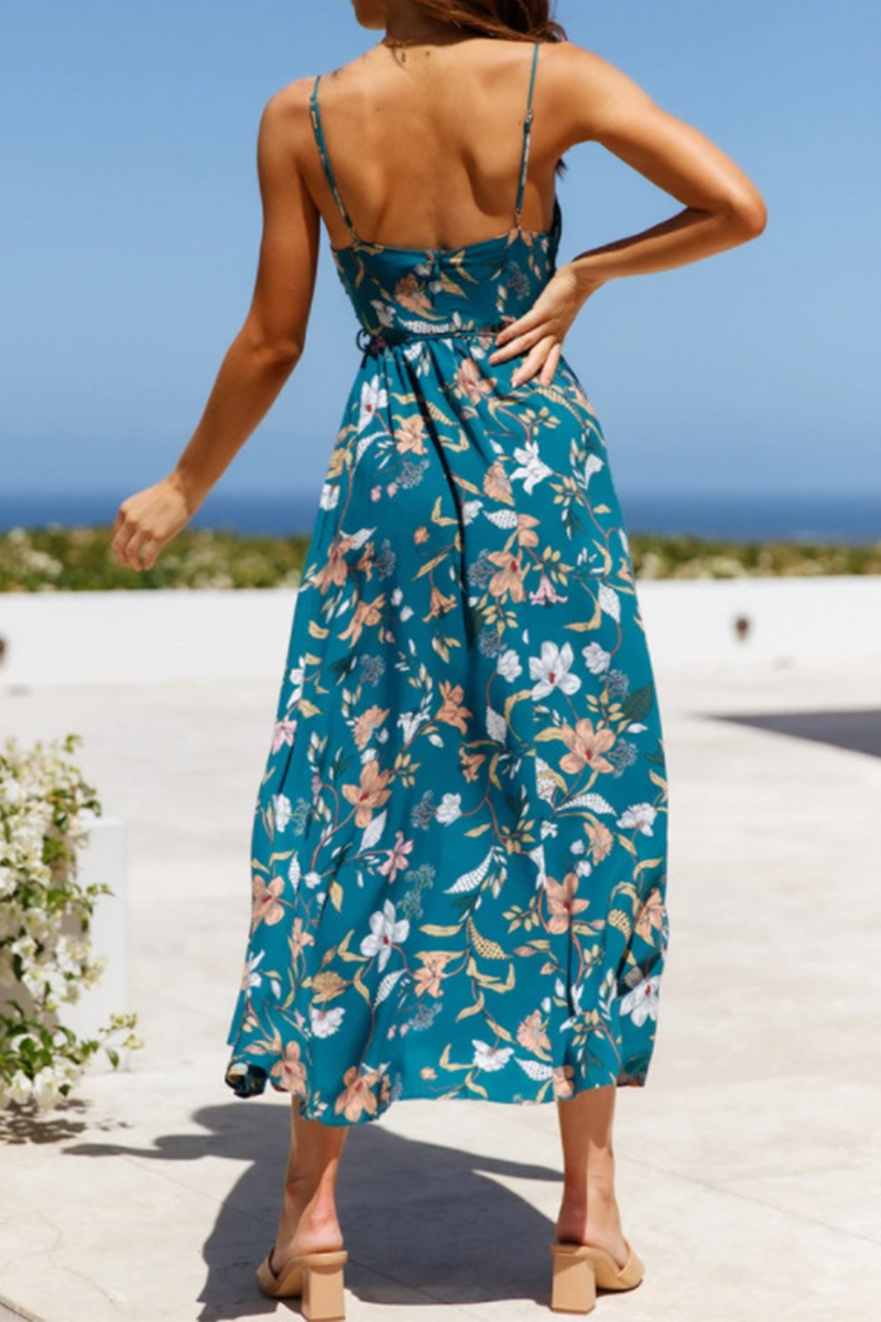 Fashion Elegant Floral Split Joint V Neck A Line Dresses