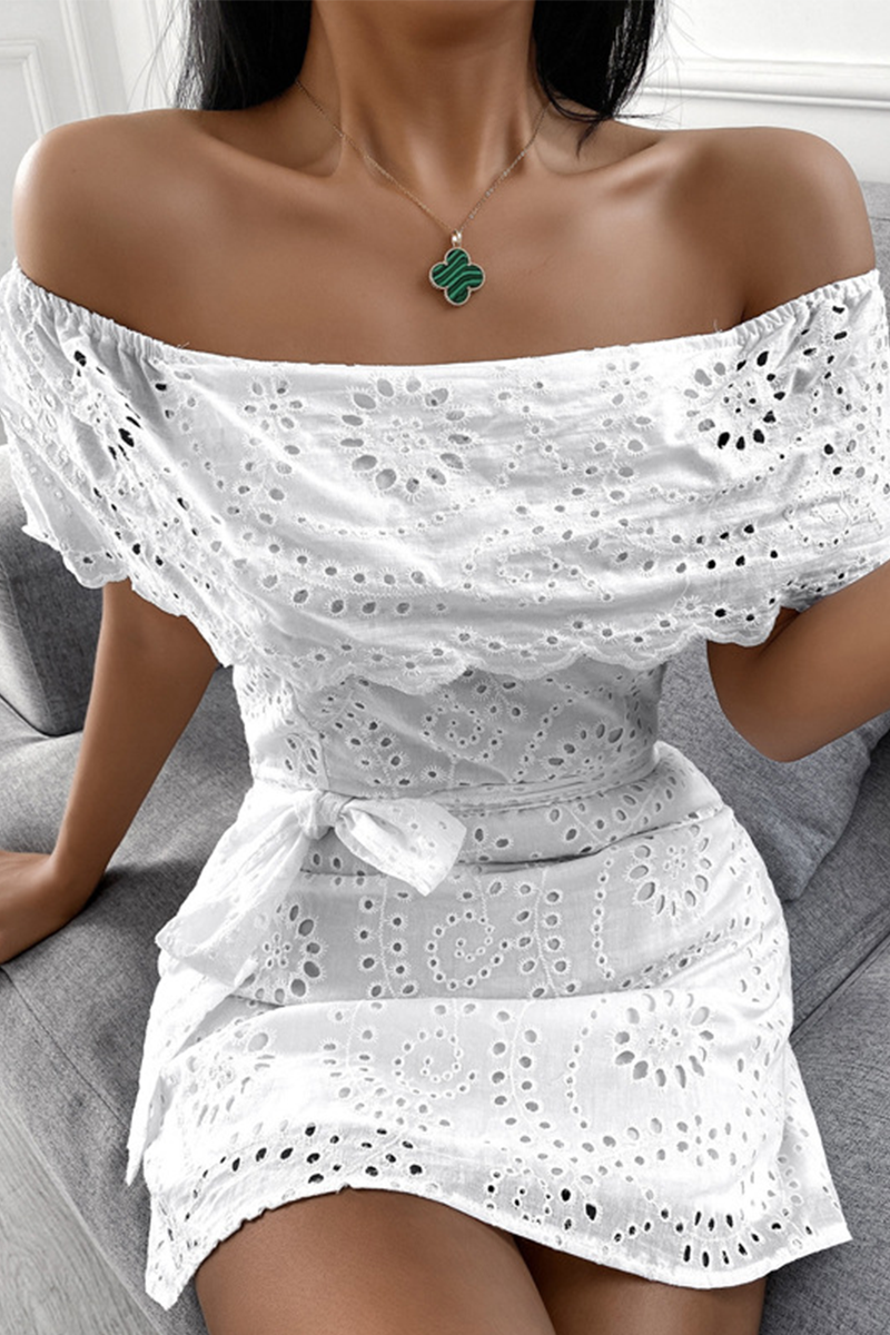 Fashion Elegant Solid Embroidered Hollowed Out Strap Design Off the Shoulder Waist Skirt Dresses