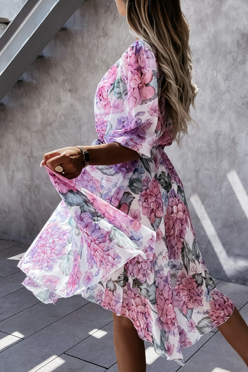 Fashion Elegant Floral Buckle With Belt V Neck Irregular Dress Dresses