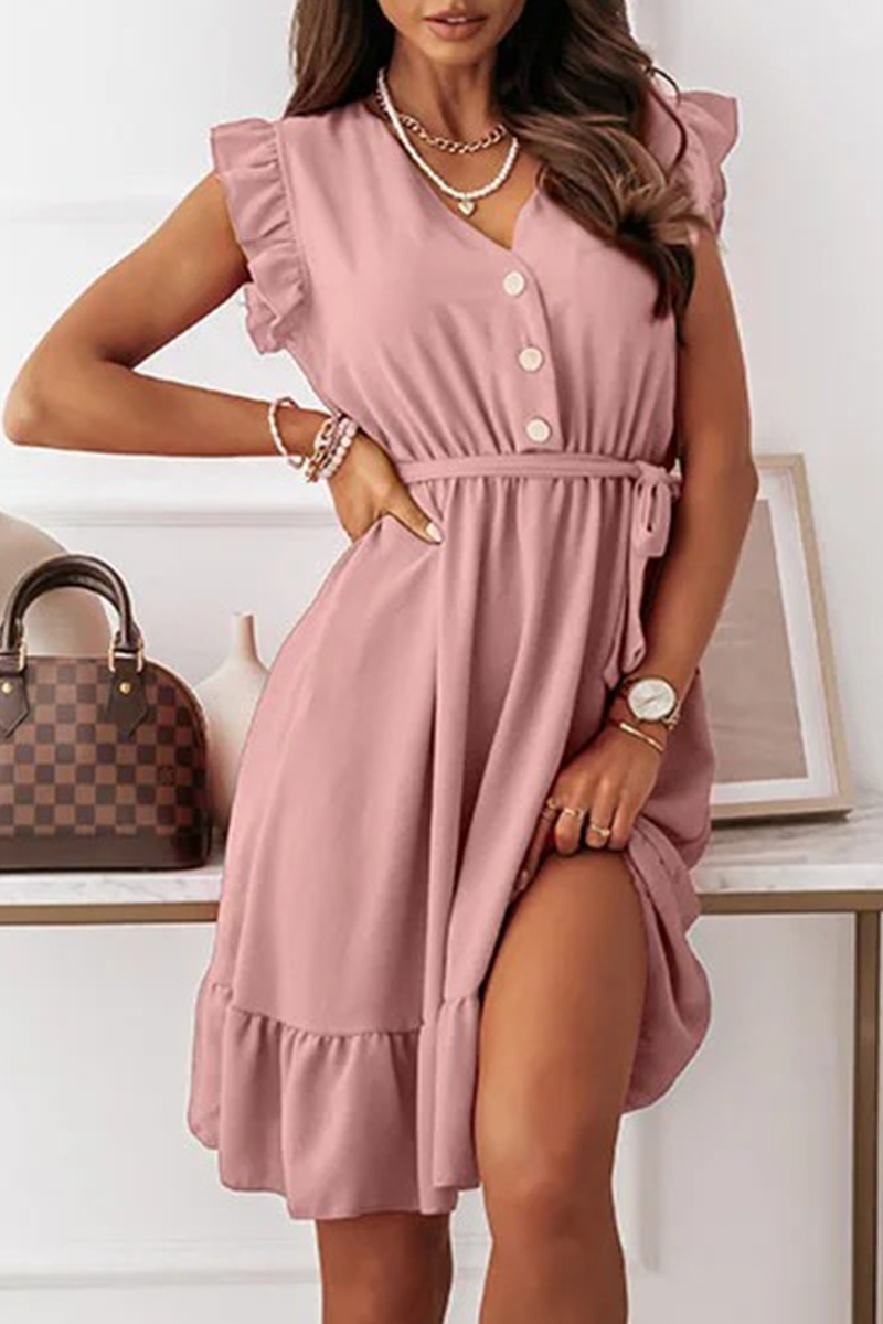 Fashion Elegant Solid Buckle With Belt V Neck A Line Dresses