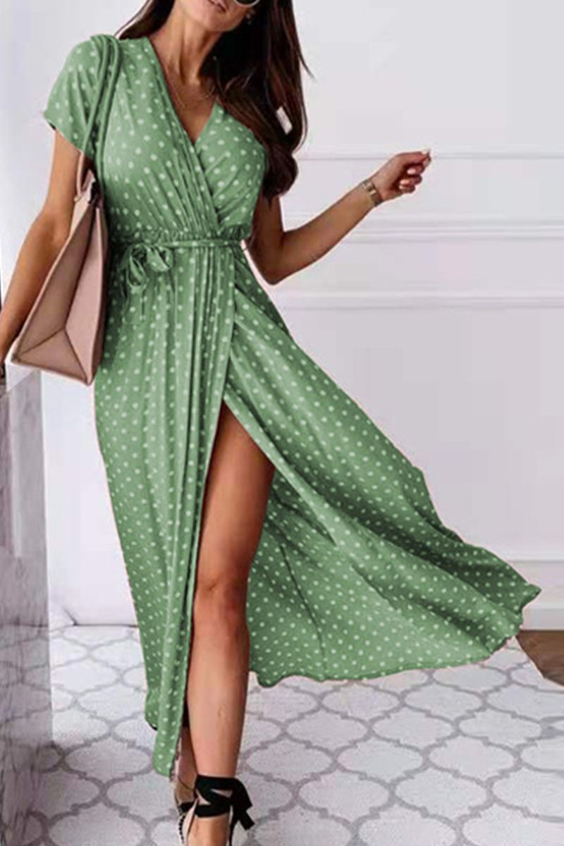 Fashion Elegant Polka Dot Frenulum Slit V Neck A Line Dresses