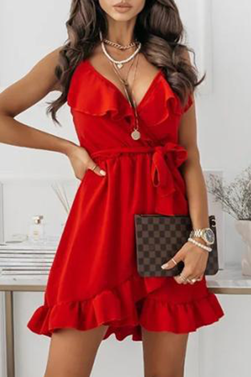 Fashion Elegant Solid Frenulum Flounce V Neck A Line Dresses