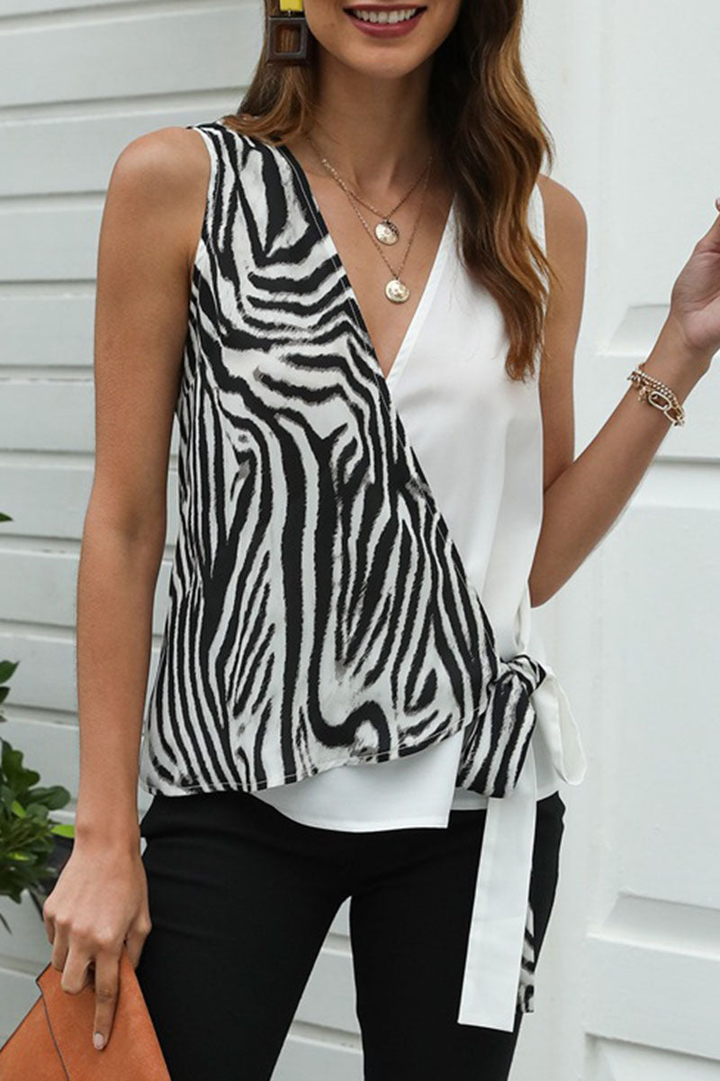 Fashion Elegant Print Split Joint V Neck Tops