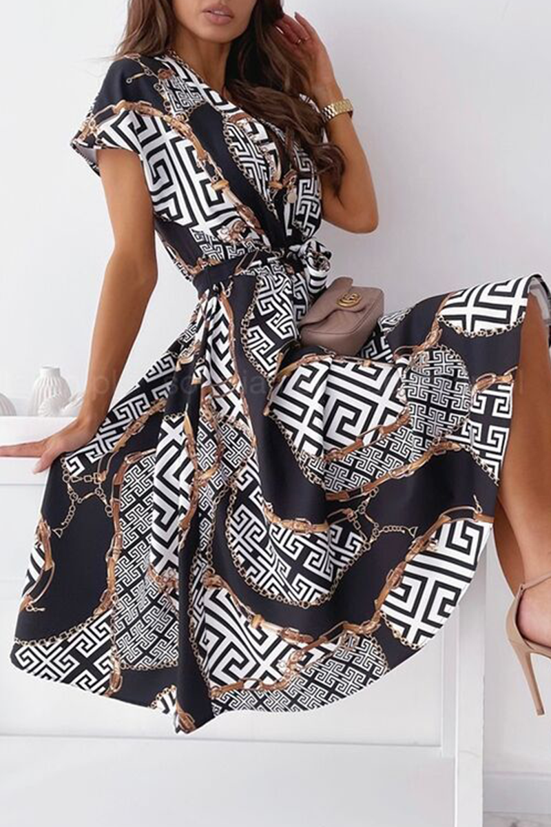 Fashion Elegant Print Buckle With Belt V Neck A Line Dresses