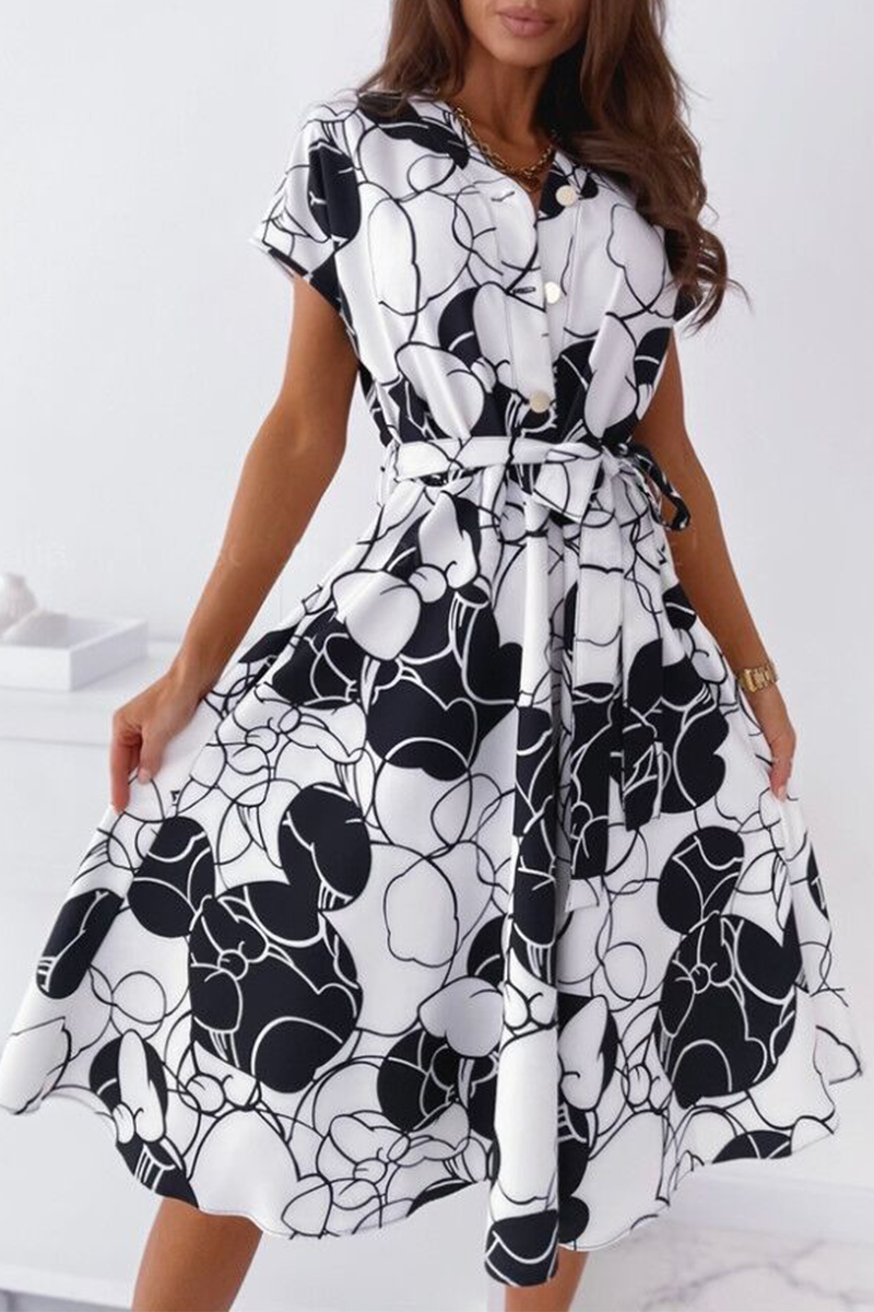 Fashion Elegant Print Buckle With Belt V Neck A Line Dresses