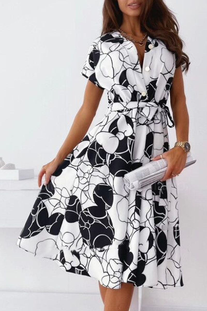 Fashion Elegant Print Buckle With Belt V Neck A Line Dresses