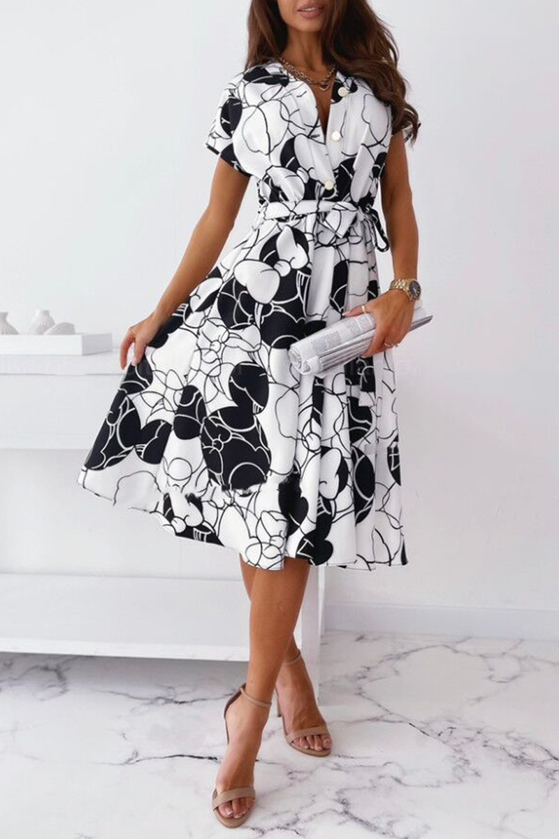 Fashion Elegant Print Buckle With Belt V Neck A Line Dresses