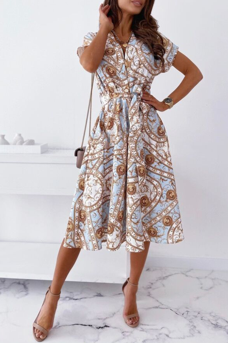 Fashion Elegant Print Buckle With Belt V Neck A Line Dresses