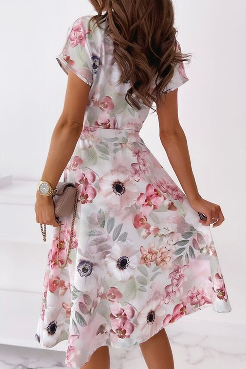 Fashion Elegant Print Buckle With Belt V Neck A Line Dresses