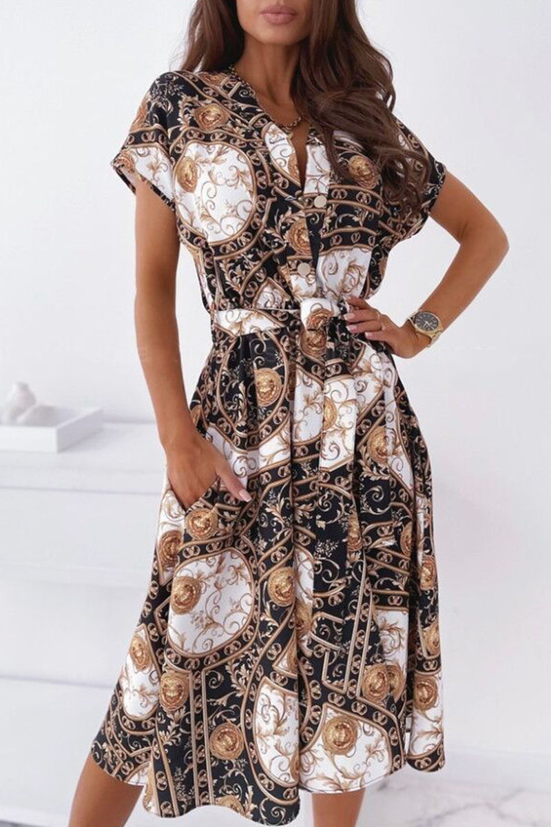 Fashion Elegant Print Buckle With Belt V Neck A Line Dresses