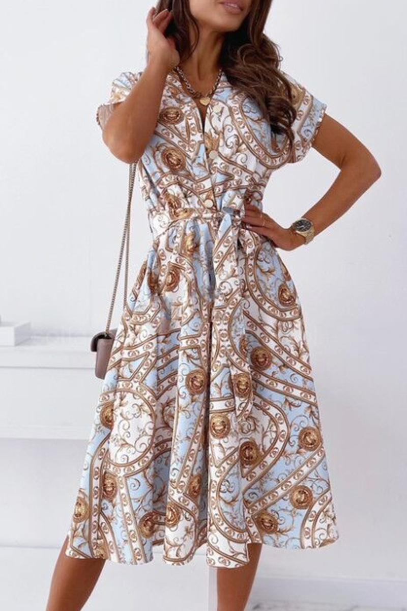 Fashion Elegant Print Buckle With Belt V Neck A Line Dresses