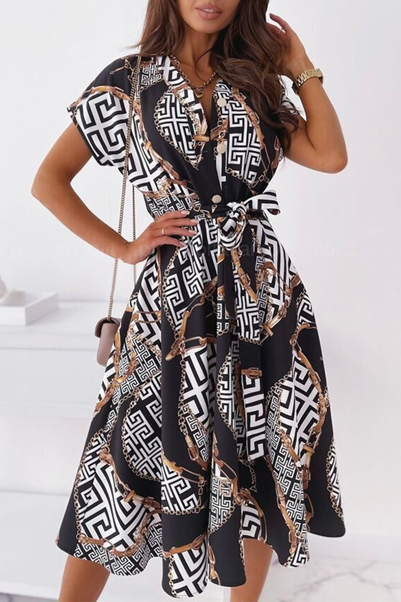 Fashion Elegant Print Buckle With Belt V Neck A Line Dresses