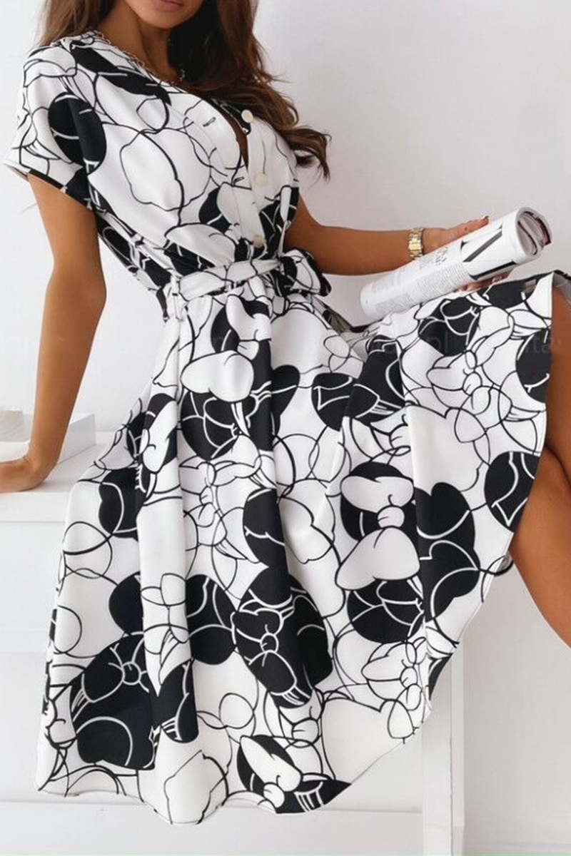 Fashion Elegant Print Buckle With Belt V Neck A Line Dresses