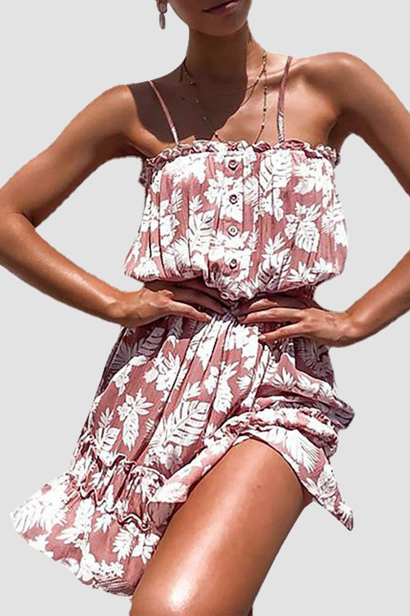 Casual Floral Buckle Flounce Spaghetti Strap Waist Skirt Dresses