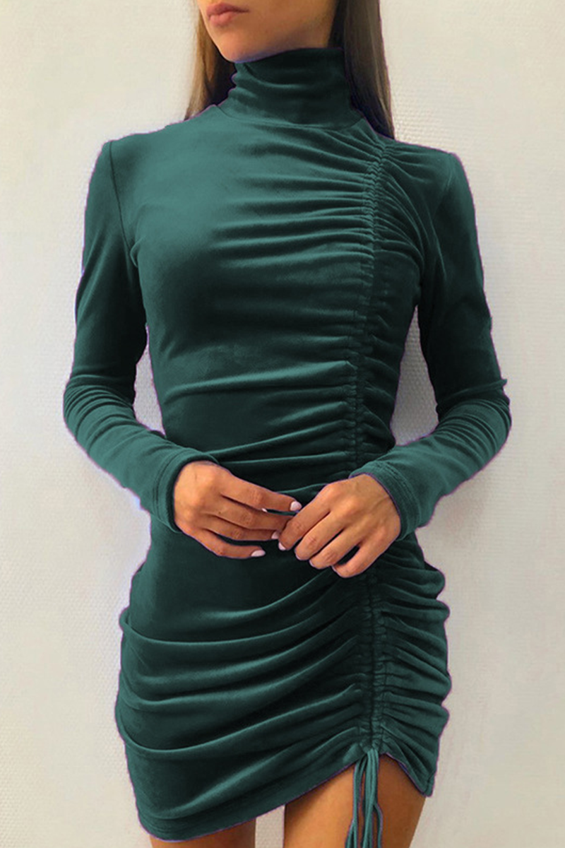 Fashion Elegant Solid Split Joint Fold Half A Turtleneck Pencil Skirt Dresses