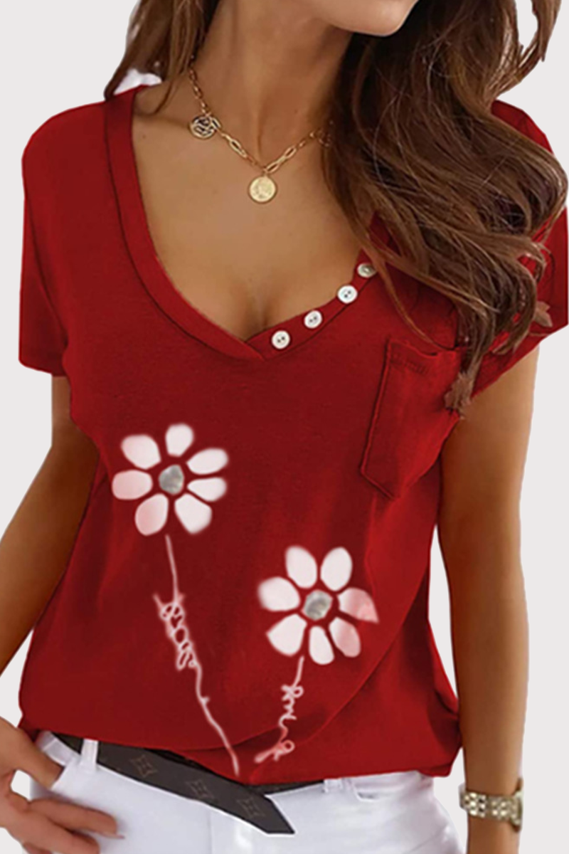 Casual Print Pocket Buckle V Neck T-Shirts